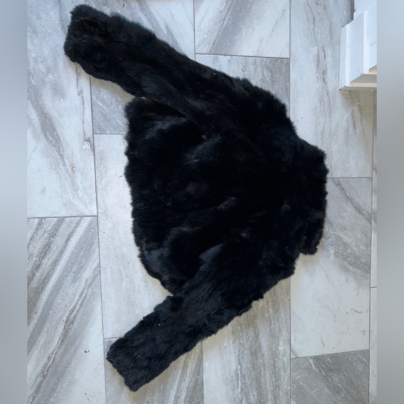 Taxi Vintage Black Rabbit Fur Cropped Coat Sz L - Picture 2 of 3